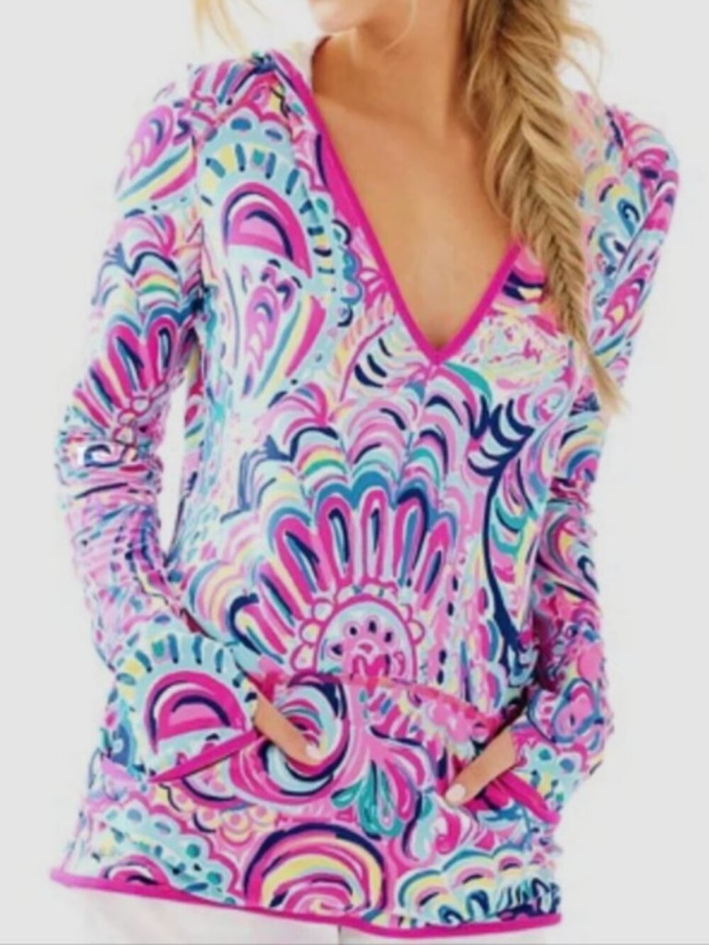 Lilly Pulitzer Gabi Luxletic Hoodie Small Psychedelic Beach Popover V Neck